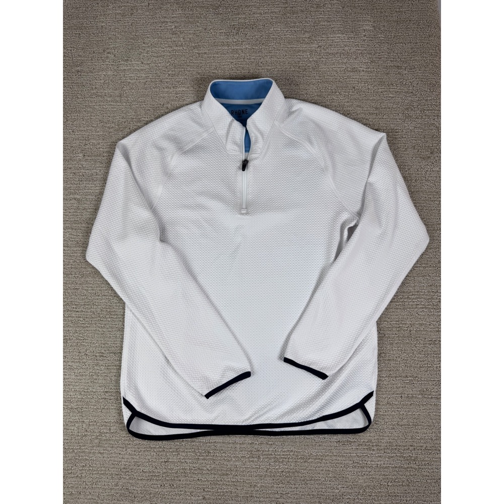 Rhone Delta Pique Quarter Zip Pullover White Navy Blue Mens Large 102175